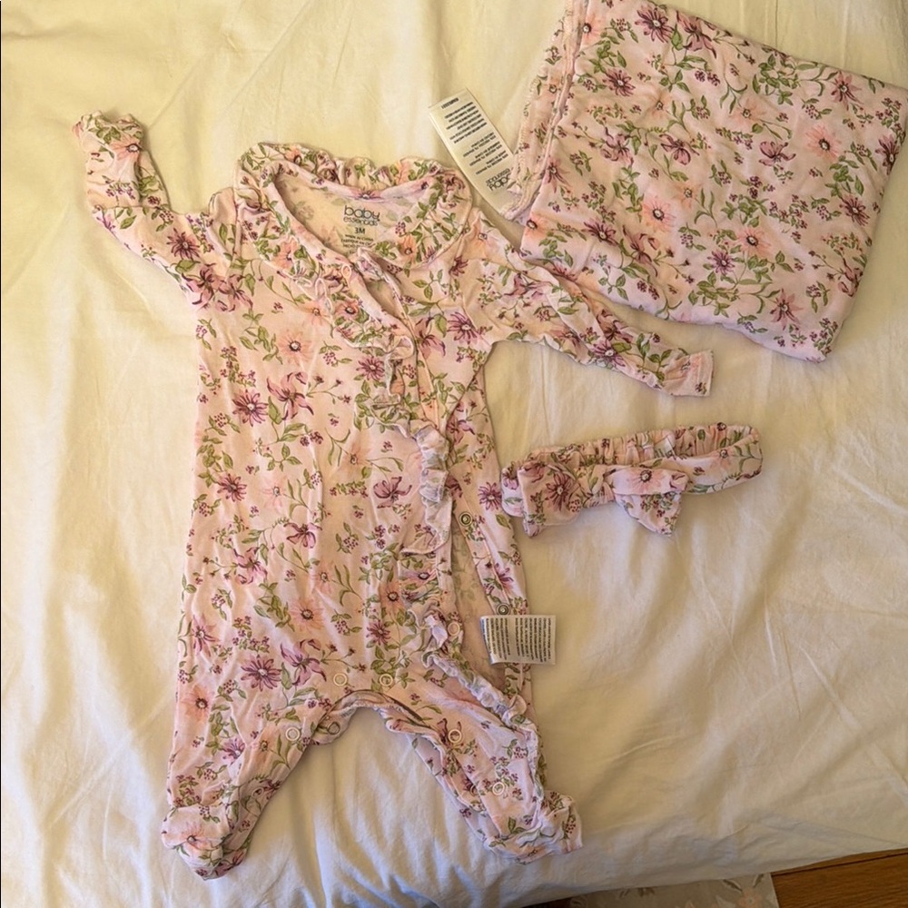 Boden Baby Pink Floral One-Piece with Headband